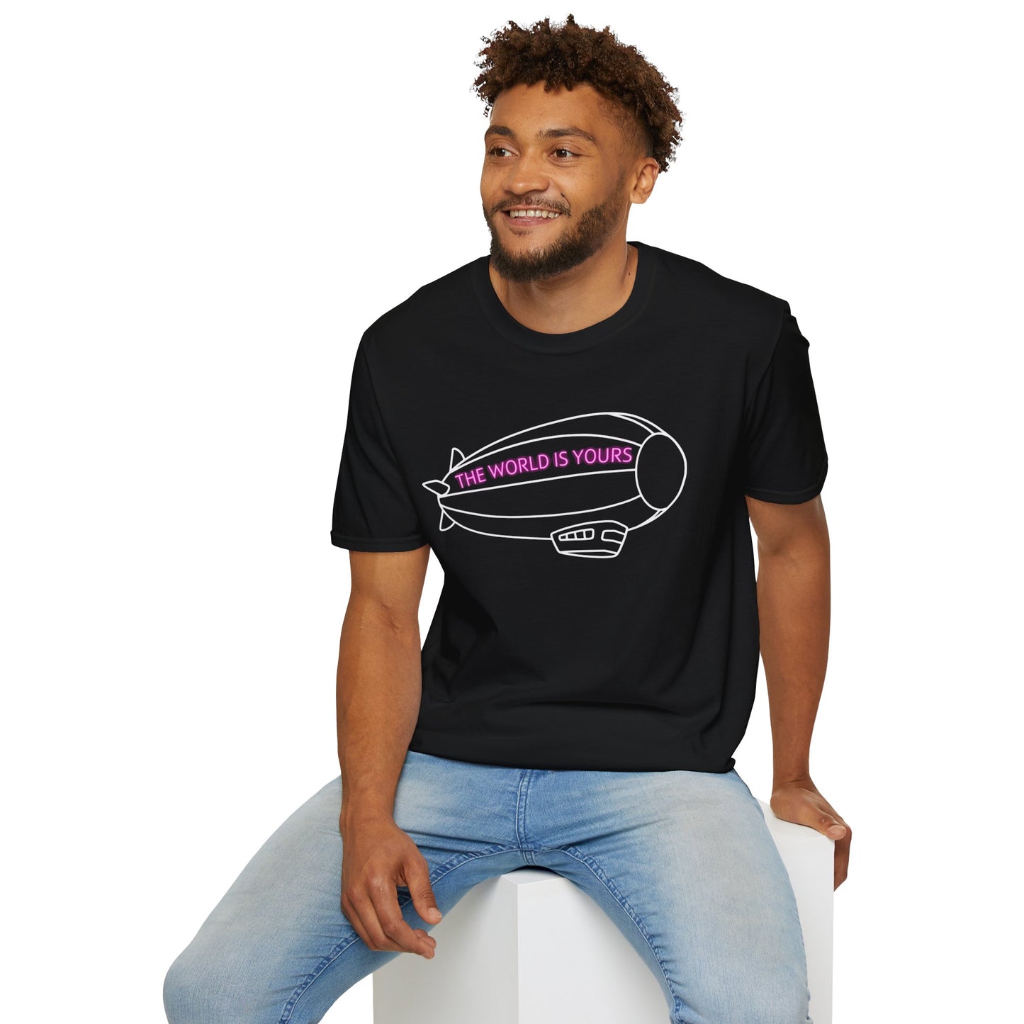 The World Is Yours T-Shirt – Blimp Graphic with Neon Text