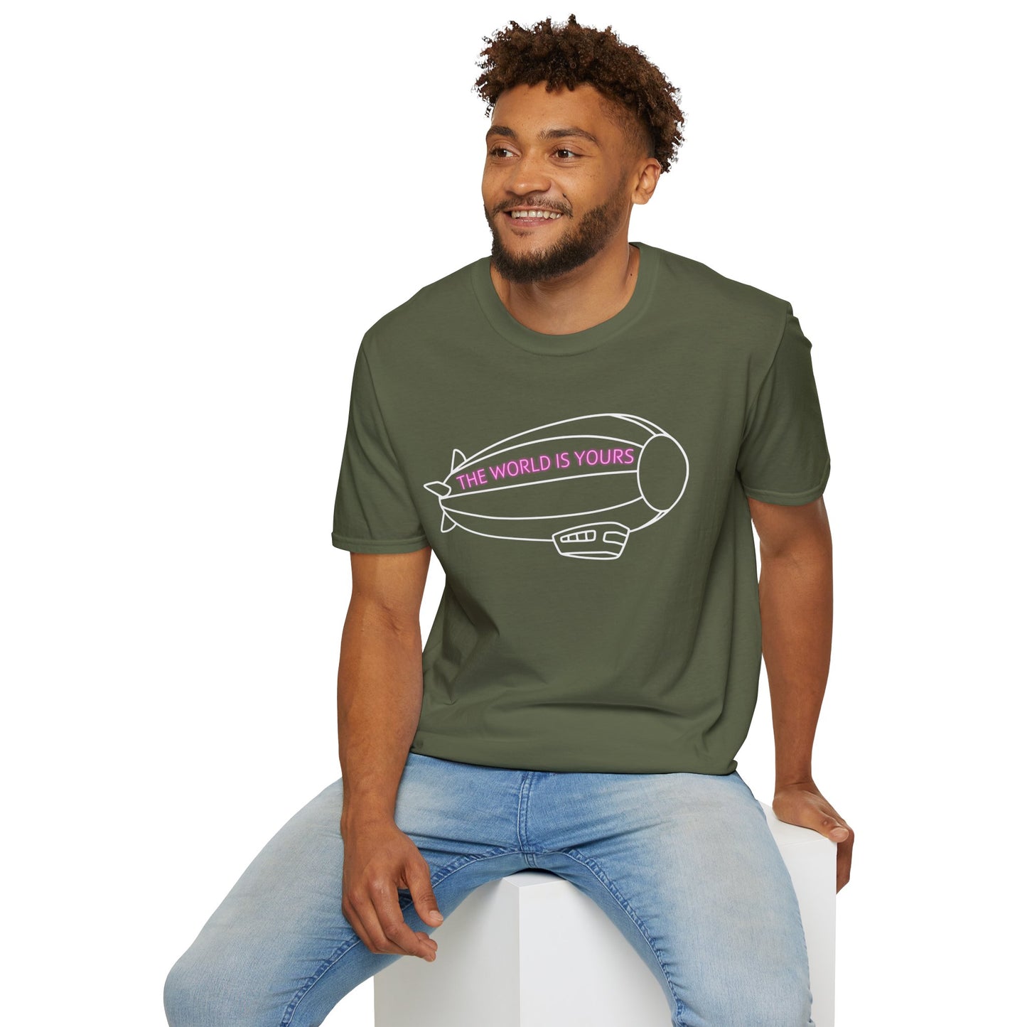 The World Is Yours T-Shirt – Blimp Graphic with Neon Text