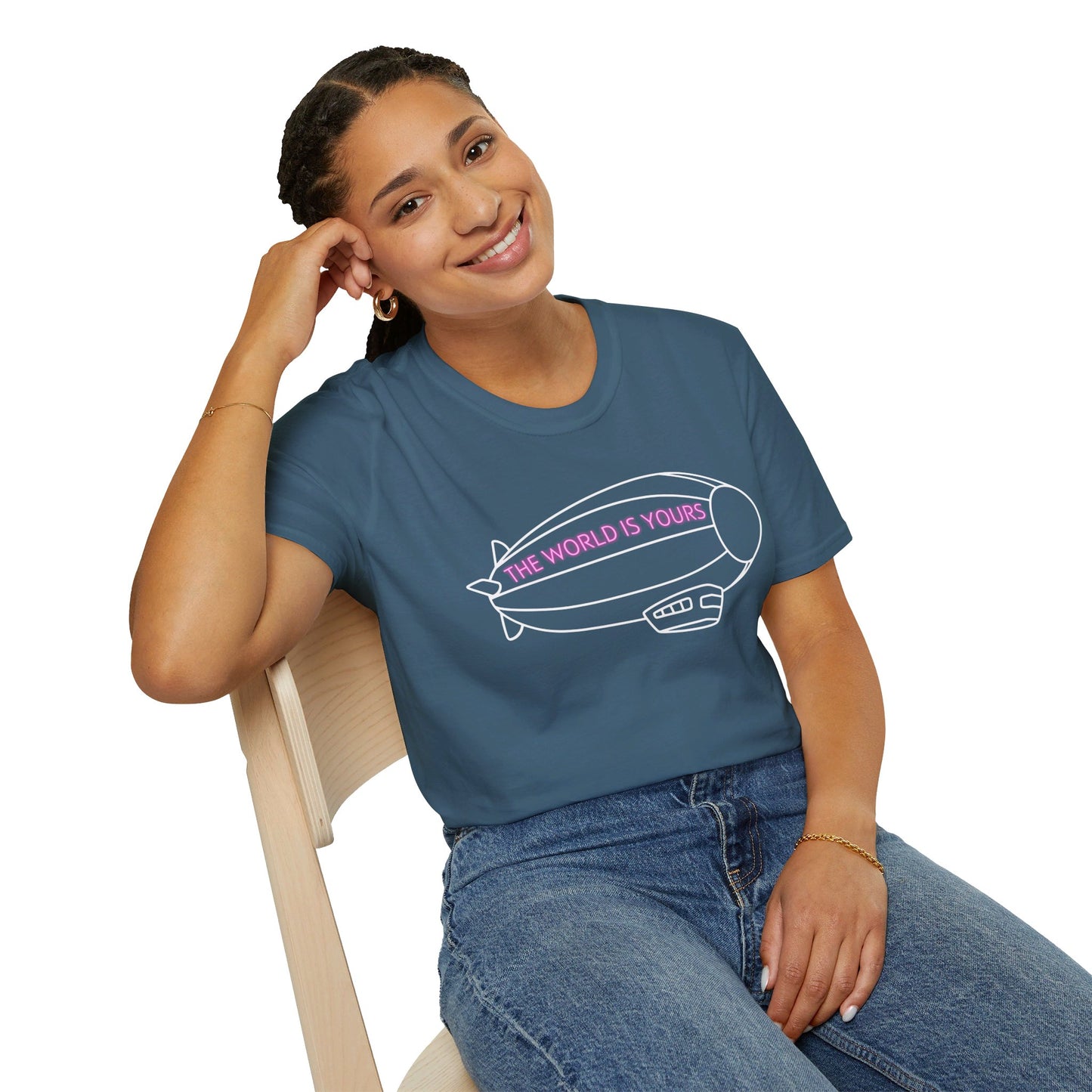 The World Is Yours T-Shirt – Blimp Graphic with Neon Text