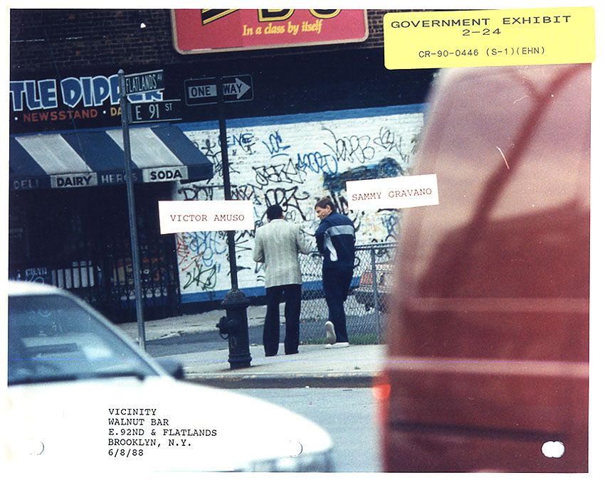 FBI surveillance photo of Sammy Gravano with Lucchese boss Vic Amuso in 1988
